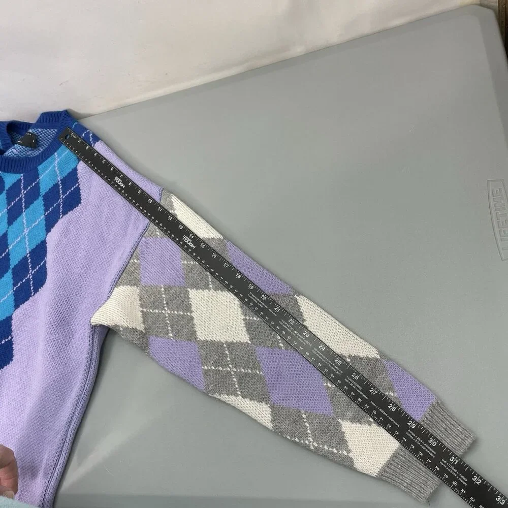 Asos Design Argyle Sweater Crew Neck Knit Preppy Oversized Purple Blue Mens XL
